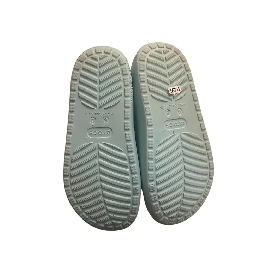 Crocs Woman's 8 Fuzzy Teal Classic Cozzzy Dual Strap Lined Platform Sandals